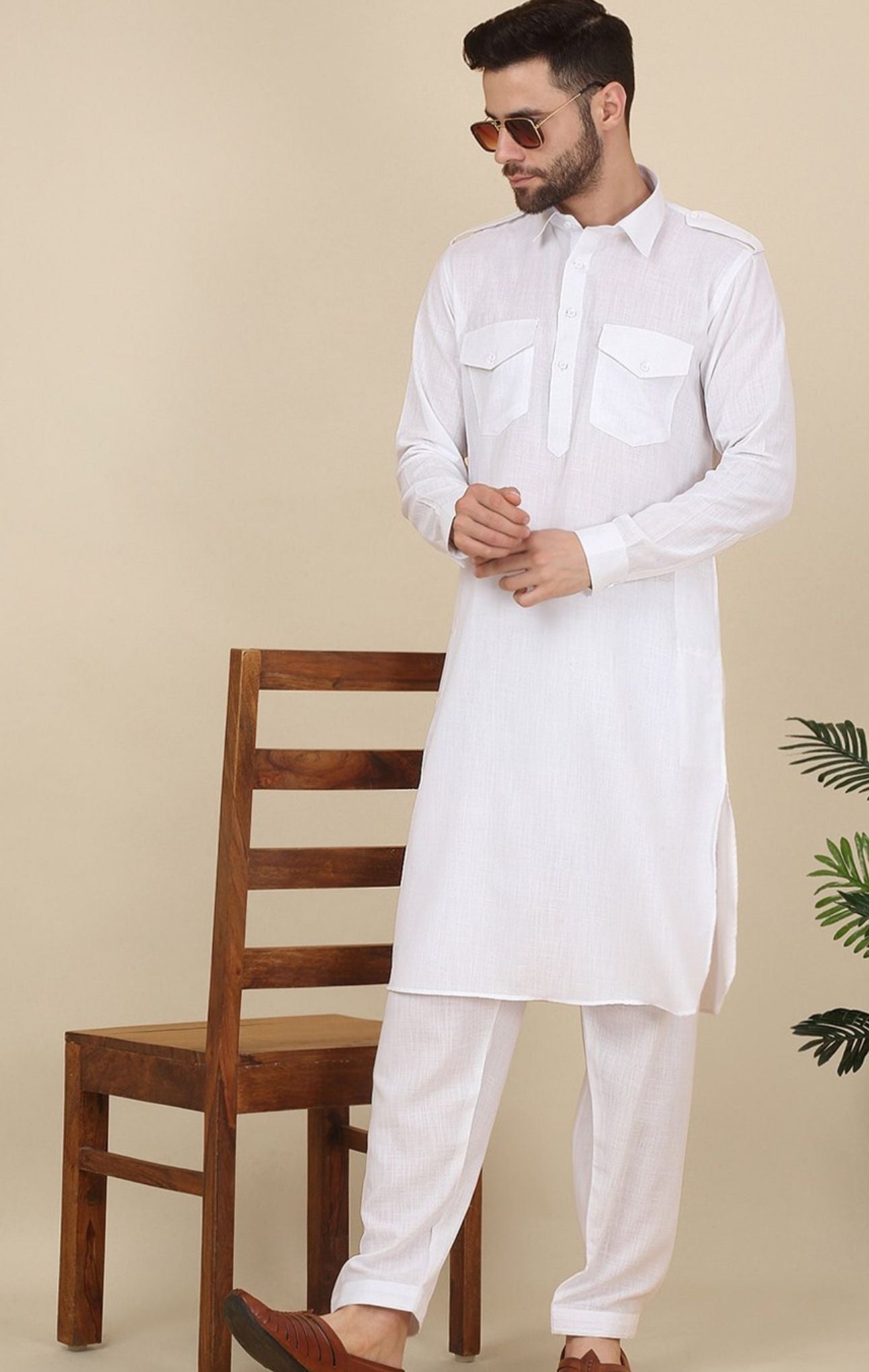 Shirt Collar Cuffed Sleeves Pure Cotton Pathani Kurta With Salwar in Germany