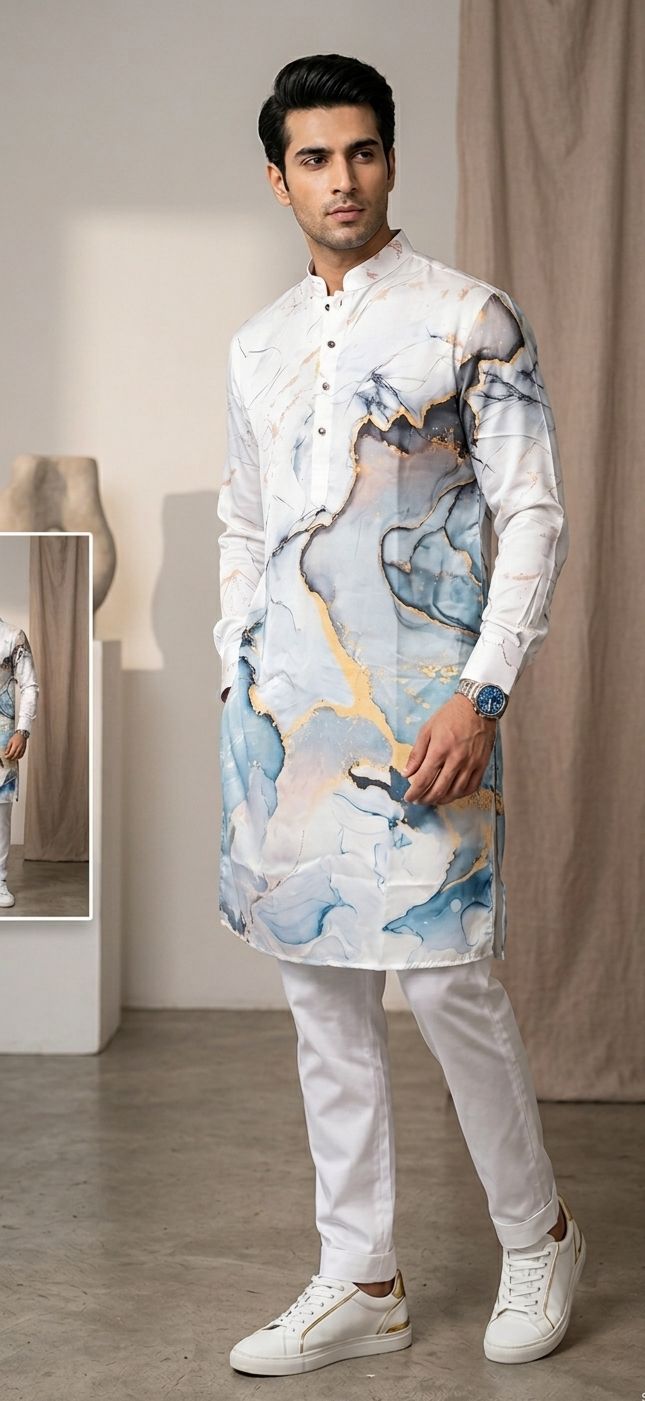Abstract Marble Printed White Mandarin Collor Cotton Kurta With Pyjama in Germany