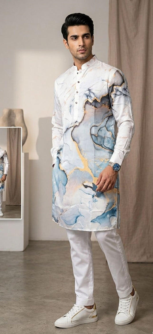 Abstract Marble Printed White Mandarin Collor Cotton Kurta With Pyjama in Germany