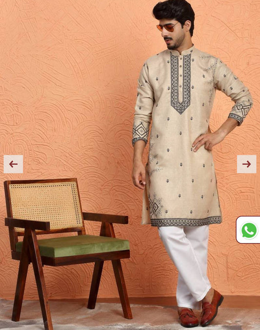 Yoke Design Embroidered Cotton Beige Kurta in Berlin