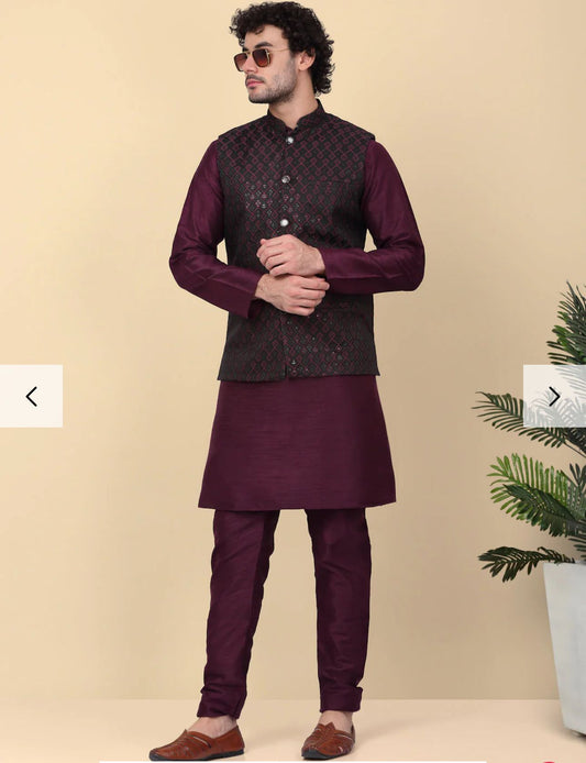 Silk Blend Kurta And Churidar With Jacquard Red Nehru Jacket