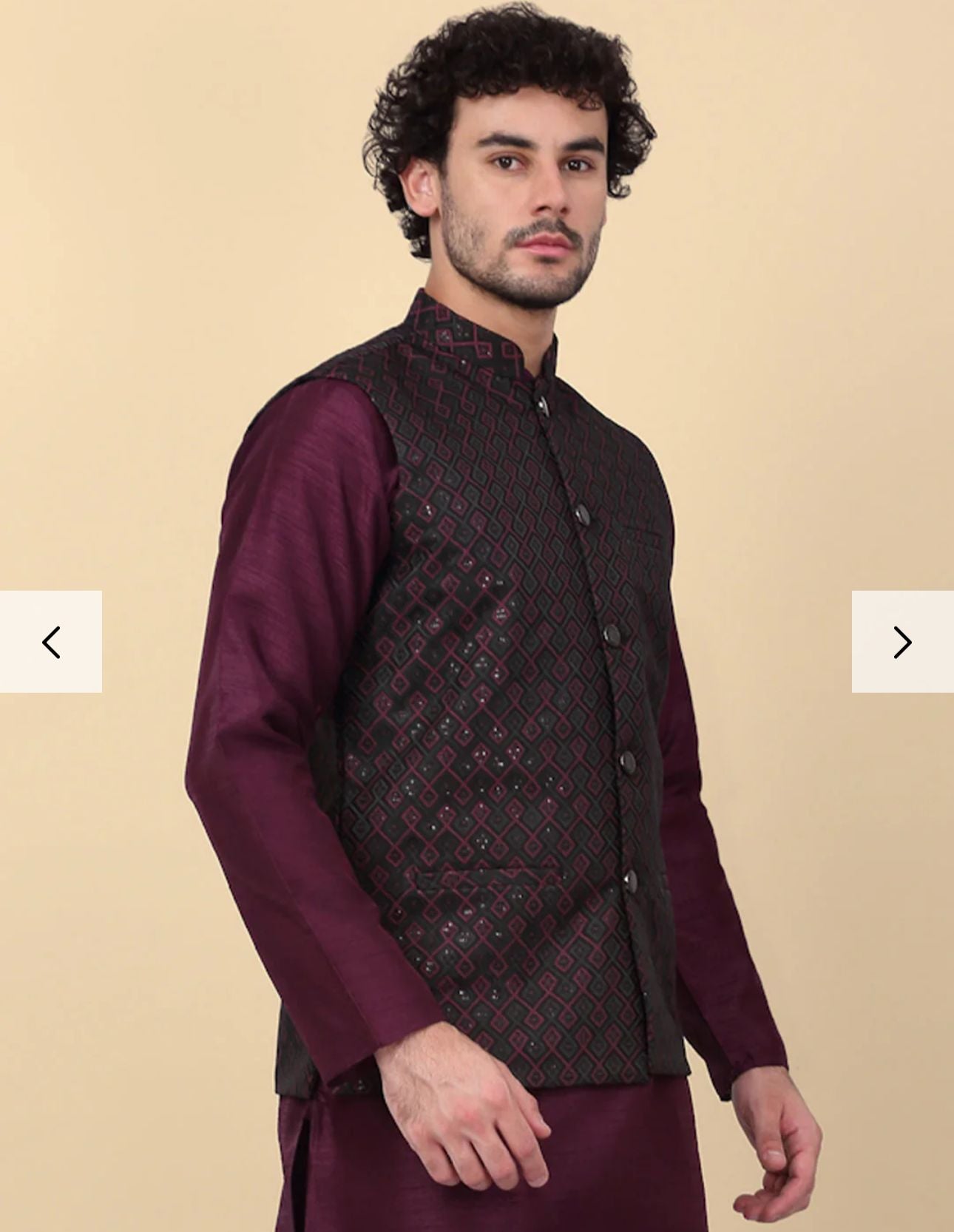 Silk Blend Kurta And Churidar With Jacquard Red Nehru Jacket