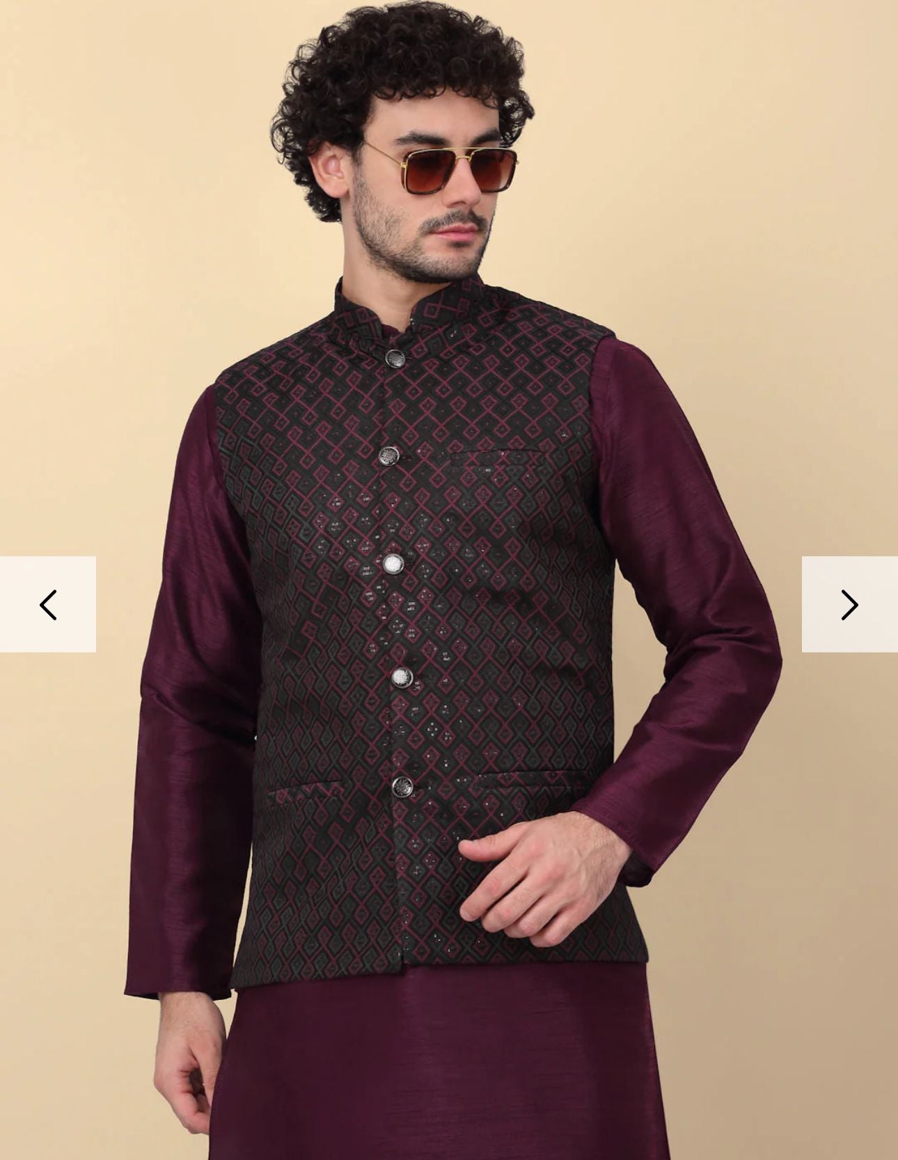 Silk Blend Kurta And Churidar With Jacquard Red Nehru Jacket