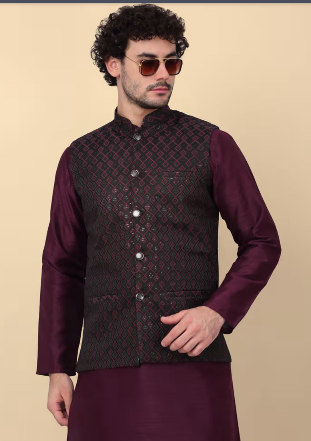 Silk Blend Kurta And Churidar With Jacquard Red Nehru Jacket