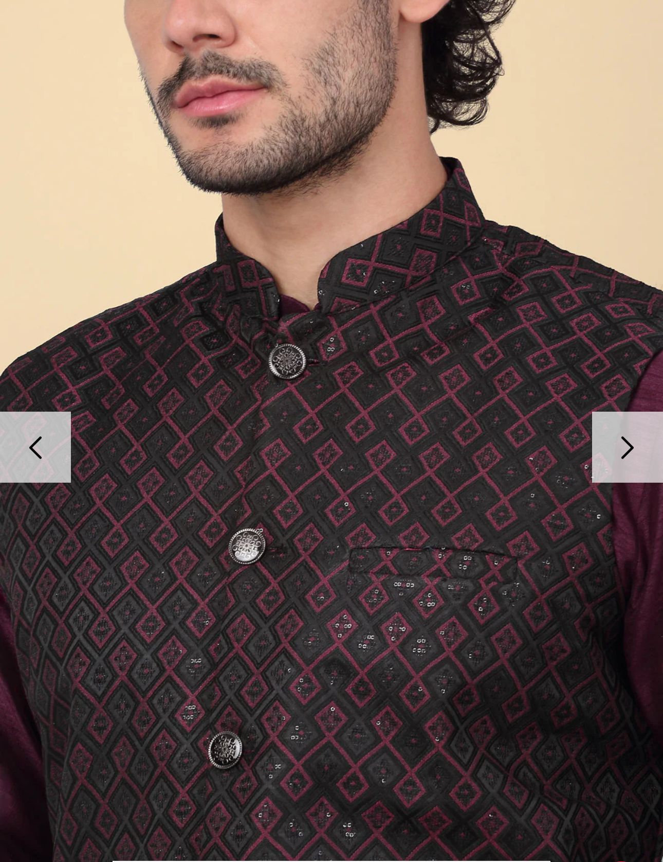 Silk Blend Kurta And Churidar With Jacquard Red Nehru Jacket