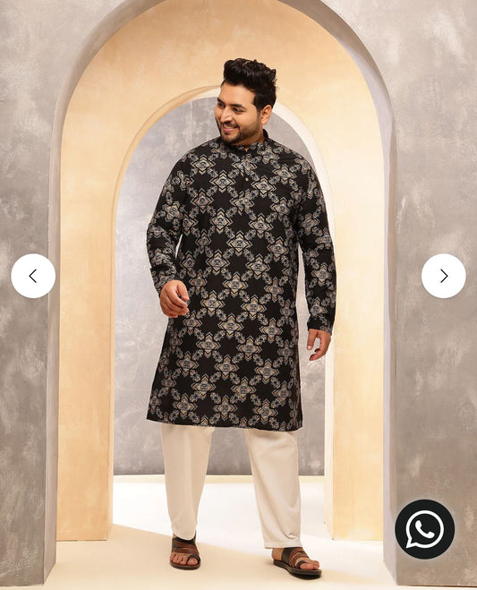 Men's Cotton Linen Printed Black Long Kurta In Germany