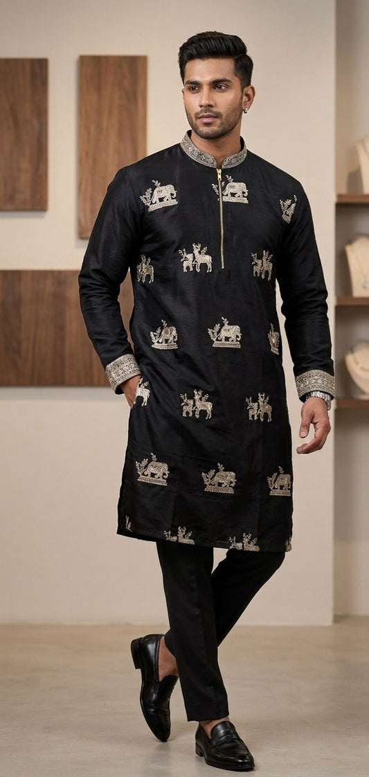 Cotton Silk Ethnic Motifs Embroidered Black Kurta With Trouser Pant in Germany