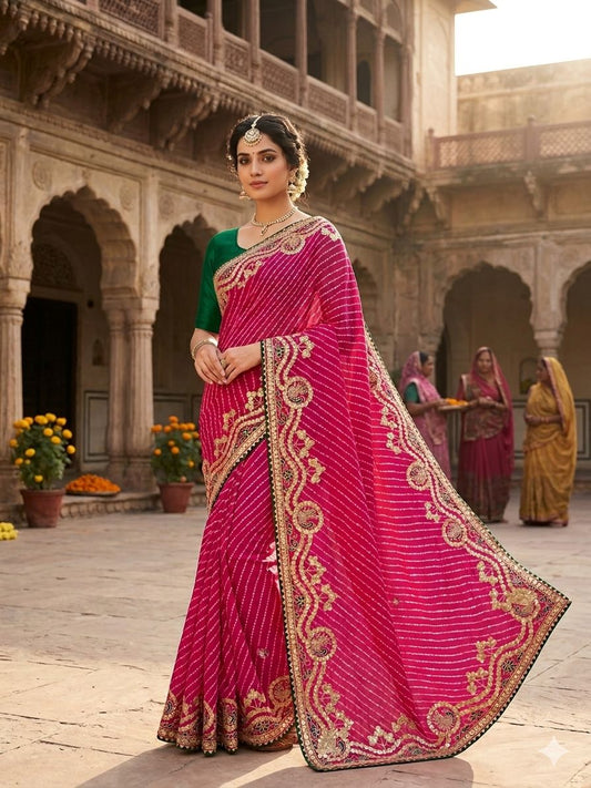 Traditional Rajasthani pink Leheriya saree unstitched blouse in Germany