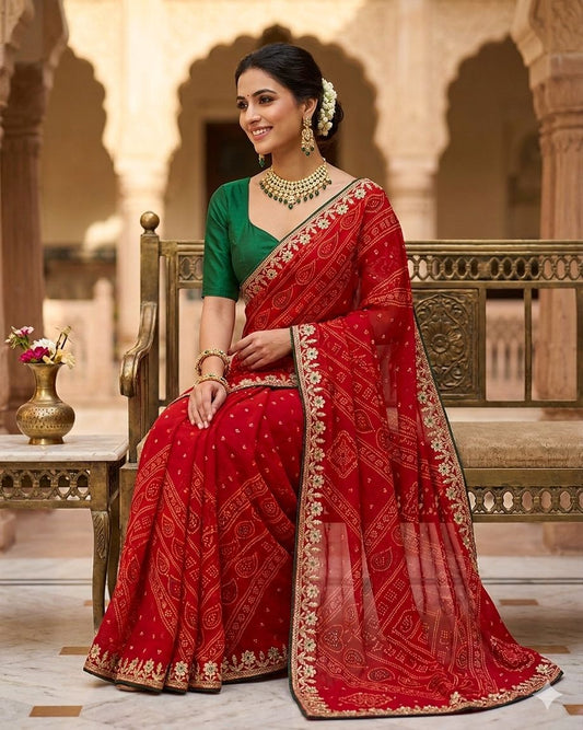 Red Bandhani Saree unstitched blouse in Germany