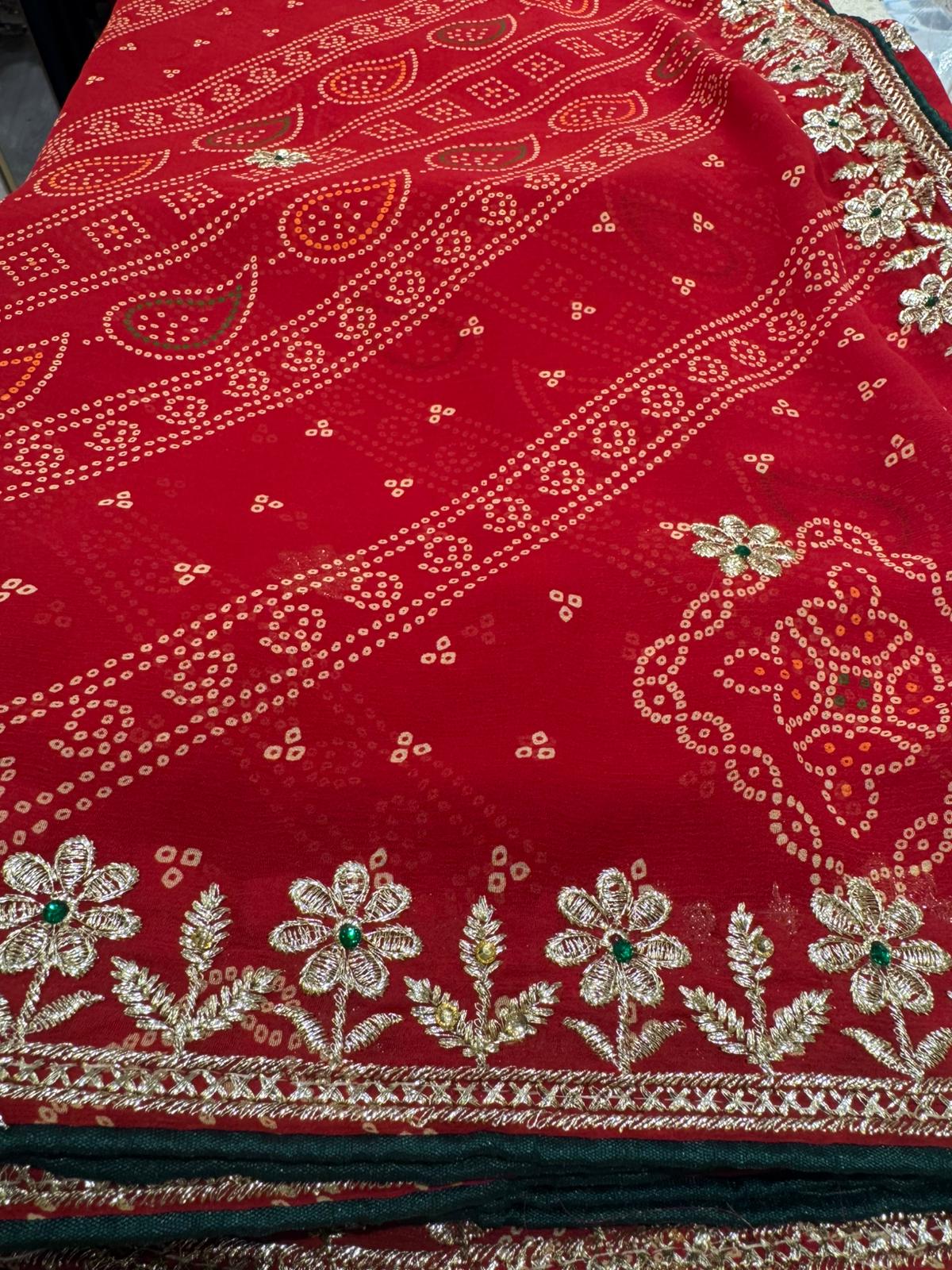 Red Bandhani Saree unstitched blouse in Germany