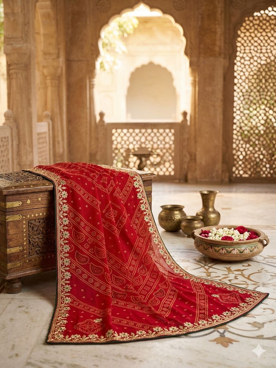 Red Bandhani Saree unstitched blouse in Germany