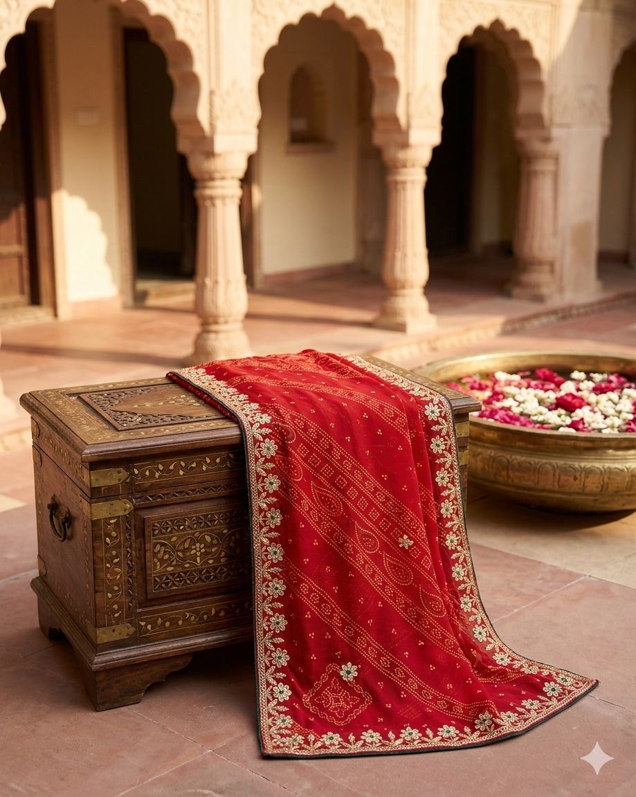 Red Bandhani Saree unstitched blouse in Germany