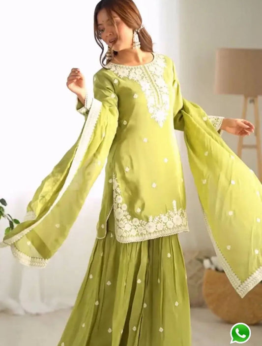 Green Color Heavy Chinnon Silk With Sequence Work Top Sharara Suit in Germany