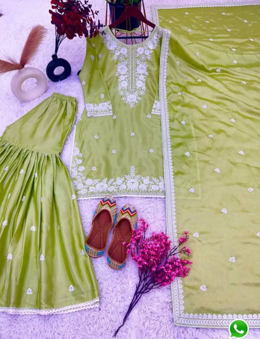 Green Color Heavy Chinnon Silk With Sequence Work Top Sharara Suit embroidery and fabric detail - Neha Couture Indian Fashion