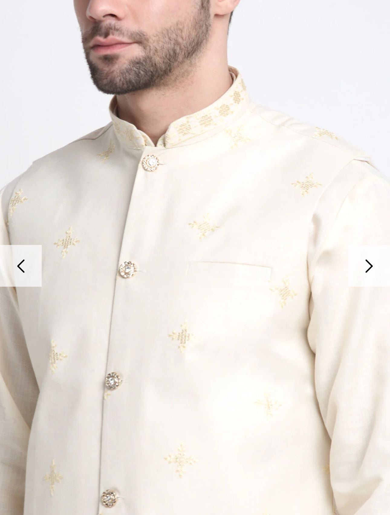 Men's Cotton Blend Solid Kurta and White Elastic Waistband Pyjama With Cotton Embroided Sequenced Nehru Jacket in Germany