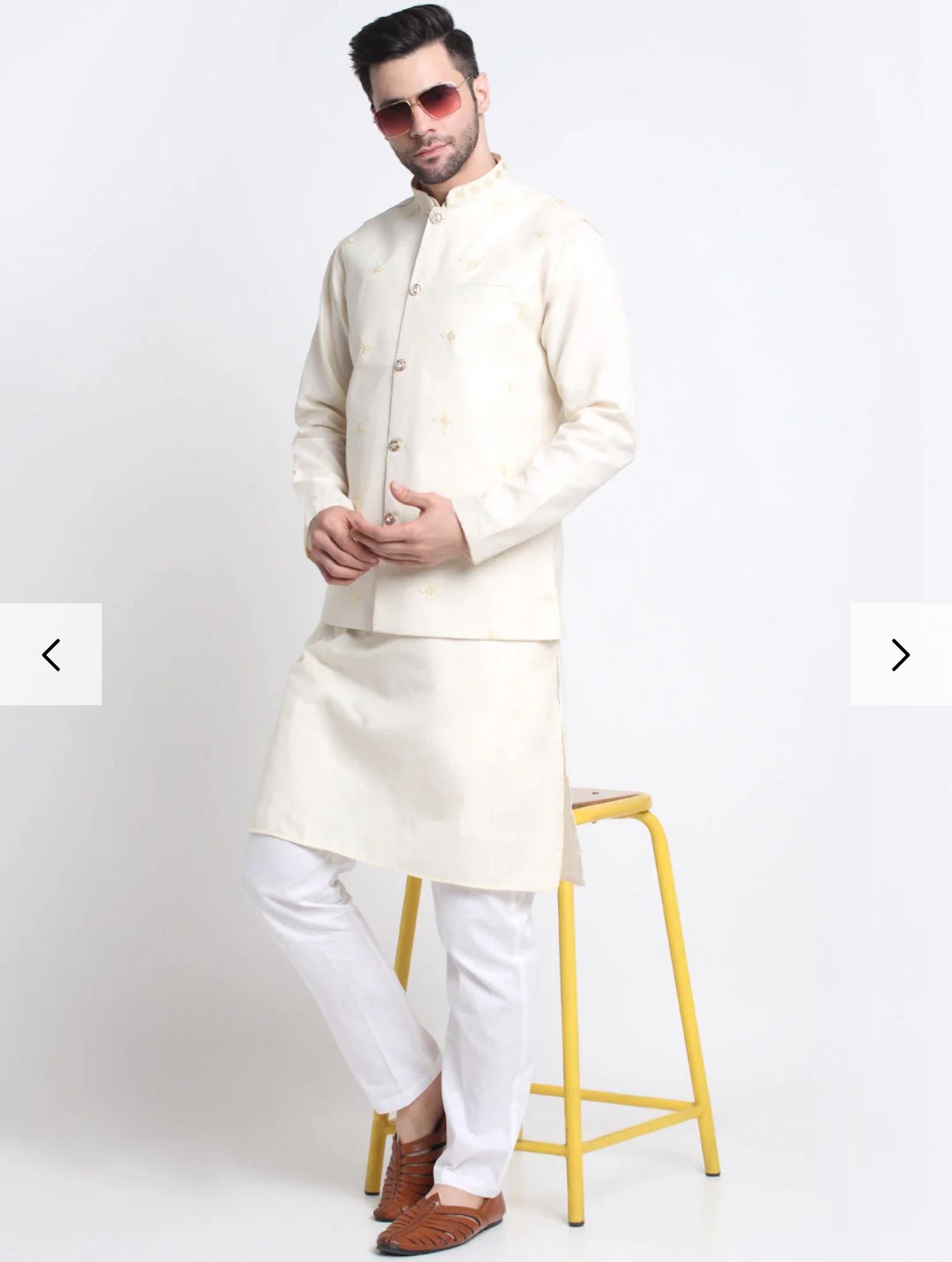 Men's Cotton Blend Solid Kurta and White Elastic Waistband Pyjama With Cotton Embroided Sequenced Nehru Jacket in Germany