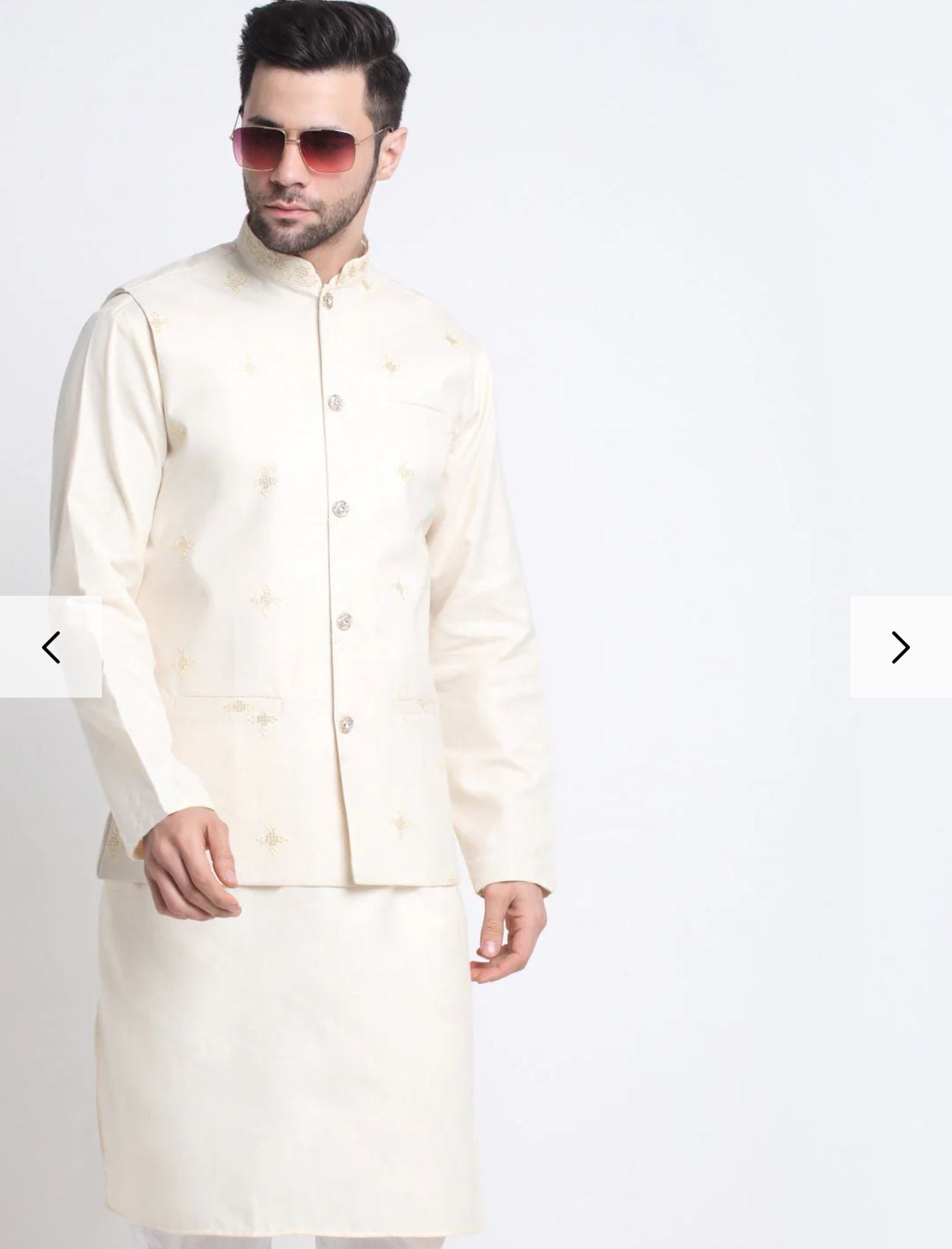 Men's Cotton Blend Solid Kurta and White Elastic Waistband Pyjama With Cotton Embroided Sequenced Nehru Jacket in Germany