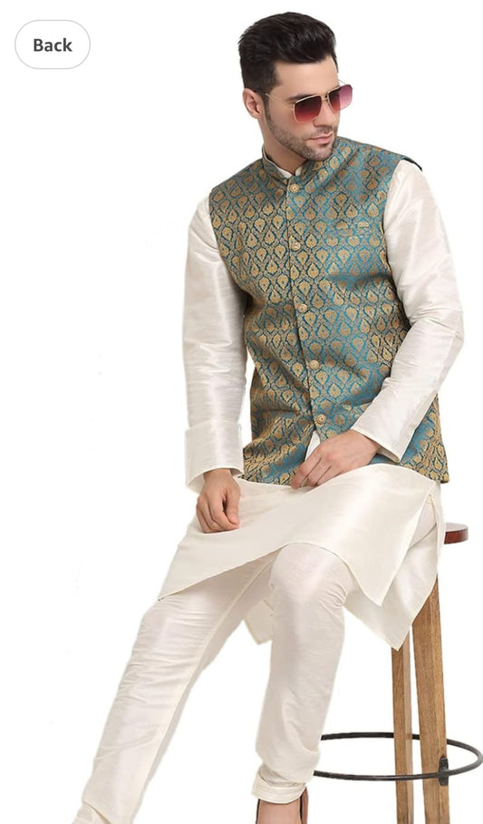 Men Silk Blend Kurta And Pajama Paisley Nehru Jacket Only in Germany