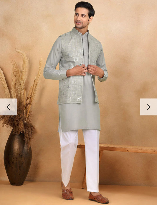 Cotton Regular Straight Kurta Trouser With Sequin Embroidery Open Nehru Jacket Set in Germany