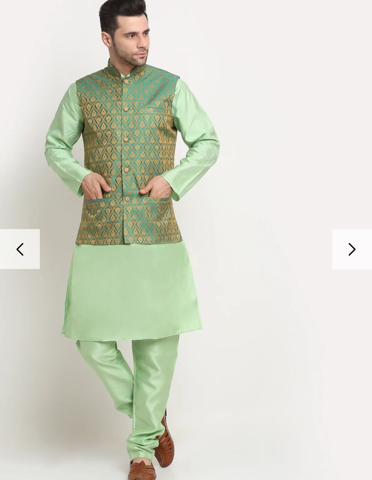 Sea Green Silk Blend Kurta and churidar with Paisley Green Nehru jacket in Germany