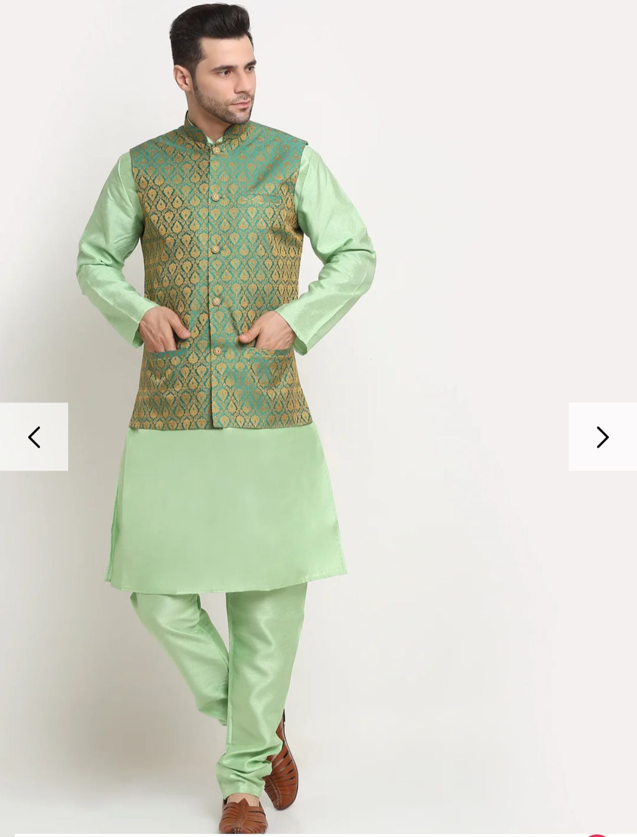 Sea Green Silk Blend Kurta and churidar with Paisley Green Nehru jacket in Germany