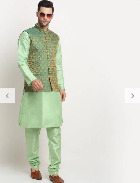 Sea Green Silk Blend Kurta and churidar with Paisley Green Nehru jacket in Germany