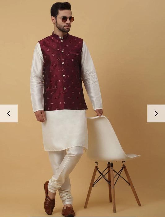 Silk Blend Kurta churidar with Jacquard Geometric Sleeveless Nehru Jacket set in Germany