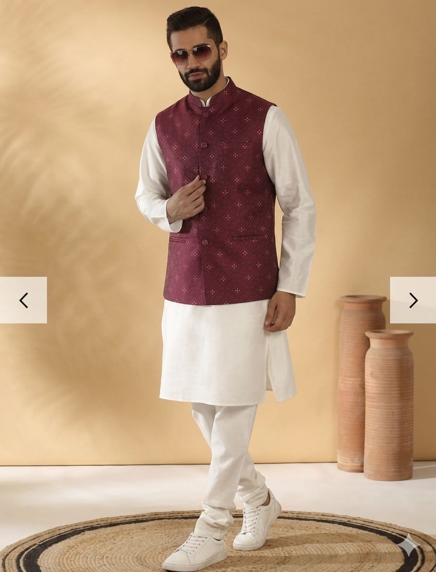Silk Blend Kurta churidar with Jacquard Geometric Sleeveless Nehru Jacket set in Germany