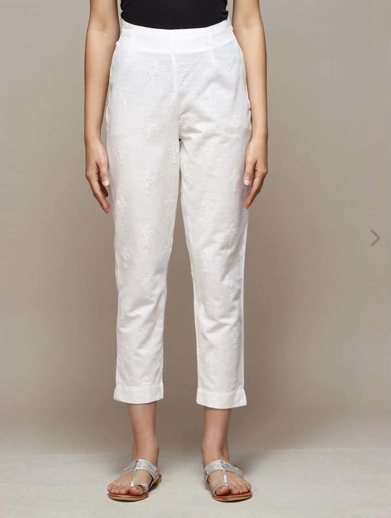 Off White Cotton Narrow Embroidered Pants in Germany