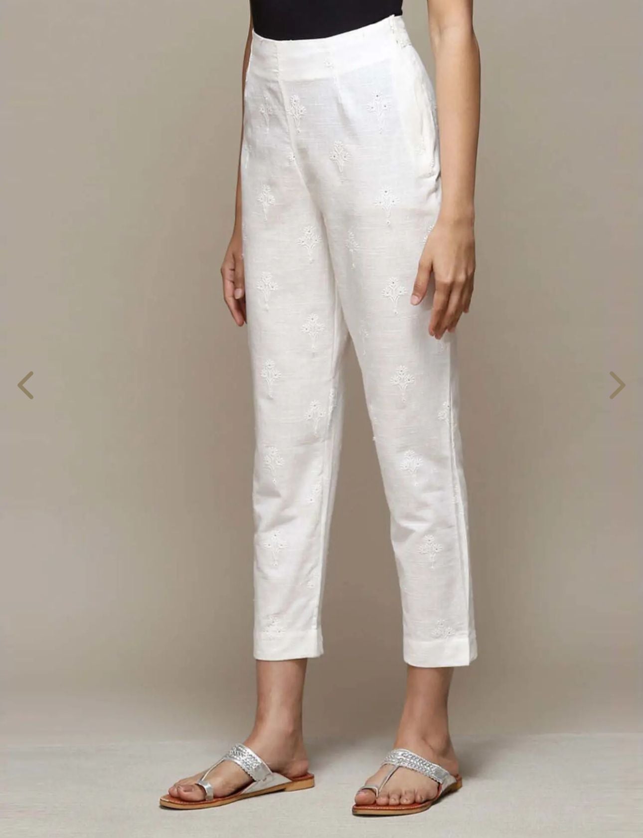 Off White Cotton Narrow Embroidered Pants in Germany
