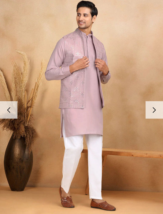 Cotton Regular Straight Kurta Trouser With Sequin Embroidery Open Nehru Jacket Set in Germany