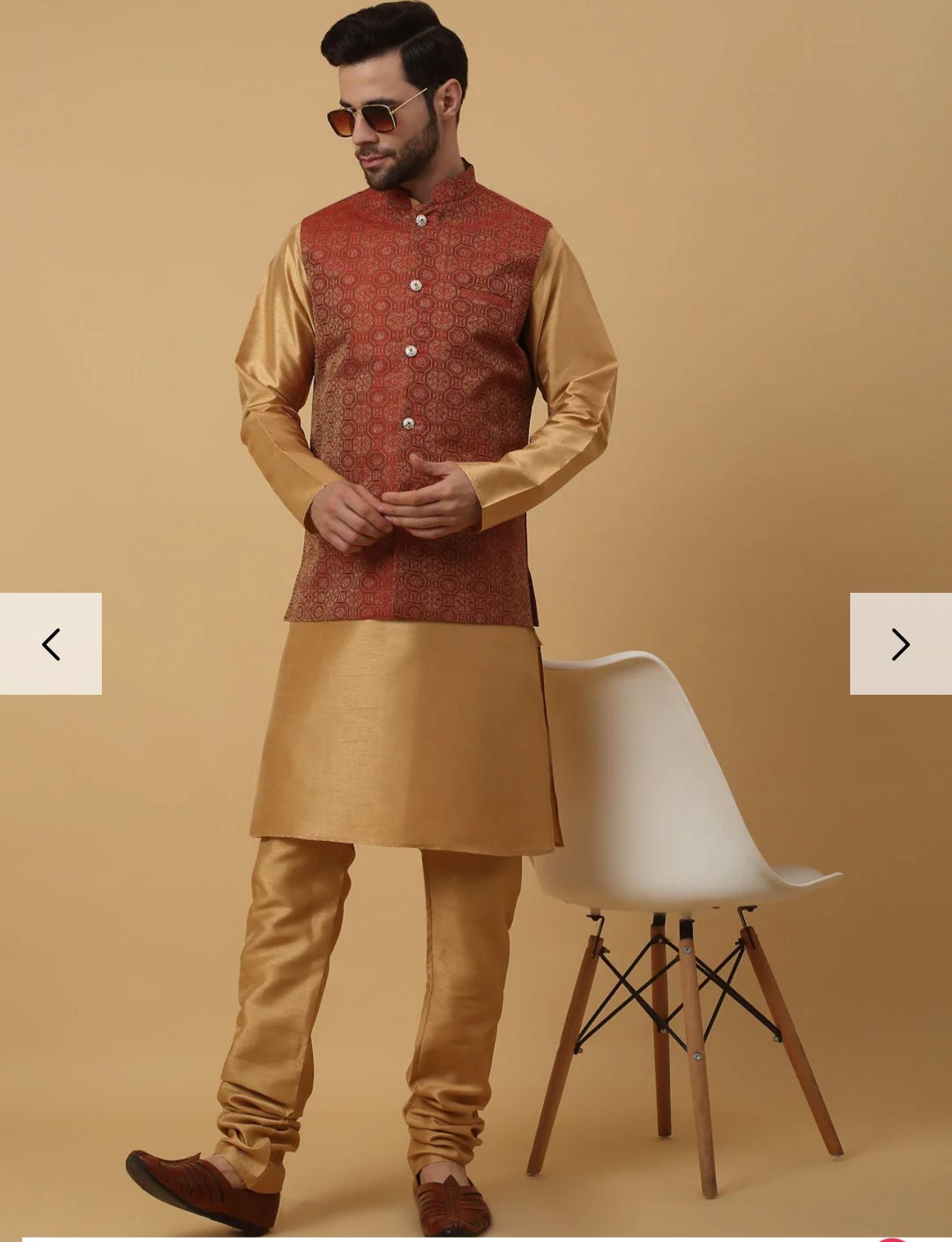 Men's Silk Blend Gold Kurta, Churidar with Jacquard Bandhani Silk Blend Nehru Jacket Set in Berlin
