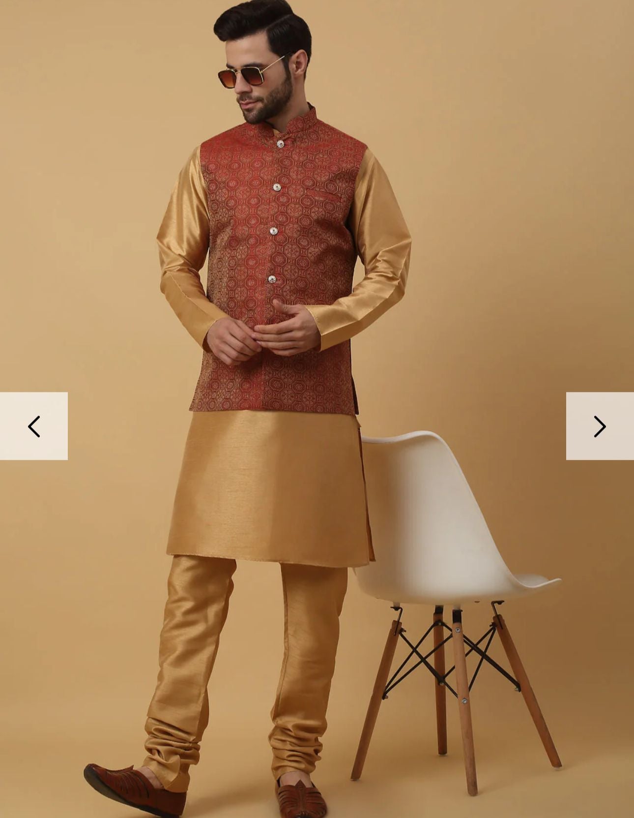 Men's Silk Blend Gold Kurta, Churidar with Jacquard Bandhani Silk Blend Nehru Jacket Set in Berlin