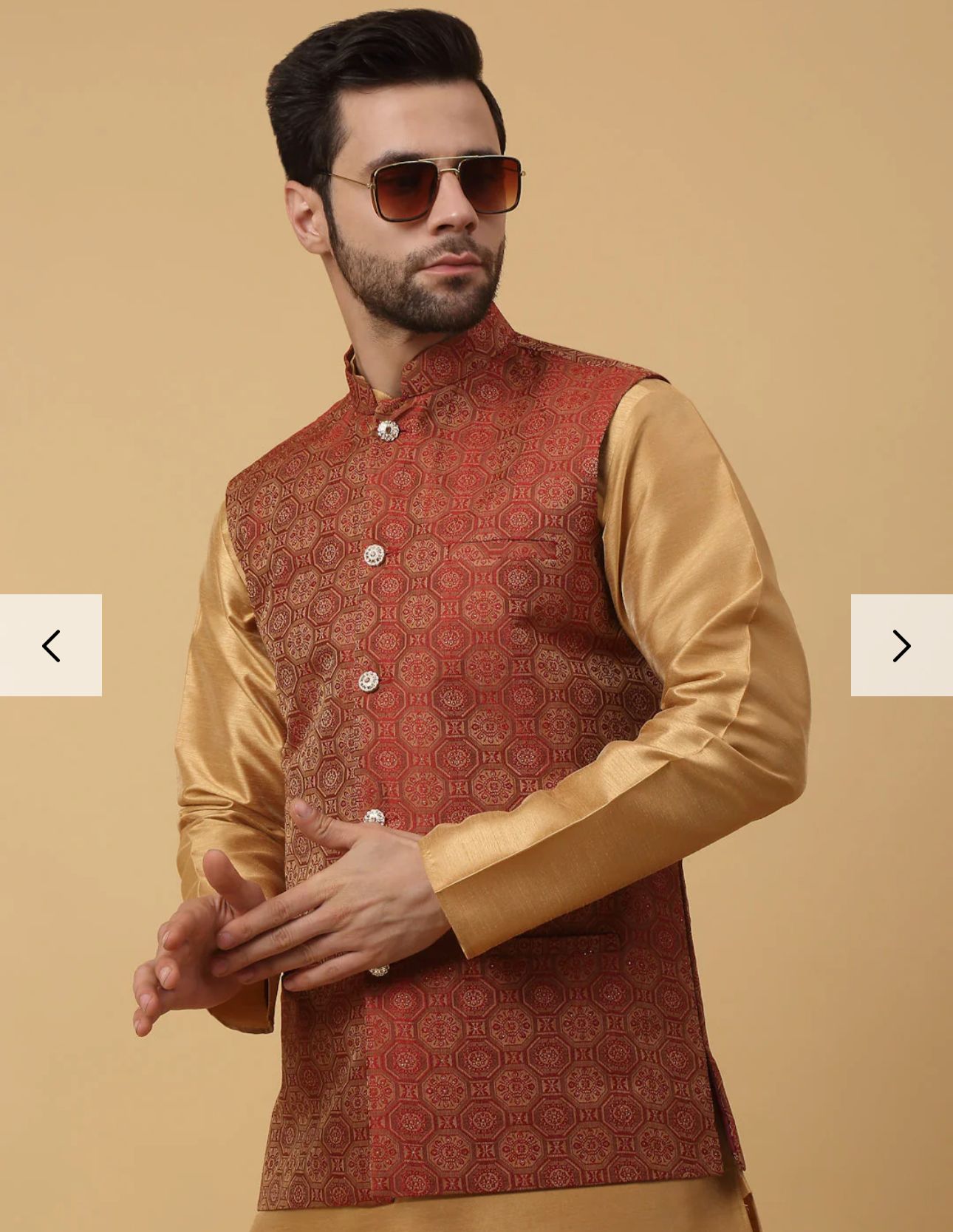 Men's Silk Blend Gold Kurta, Churidar with Jacquard Bandhani Silk Blend Nehru Jacket Set in Berlin