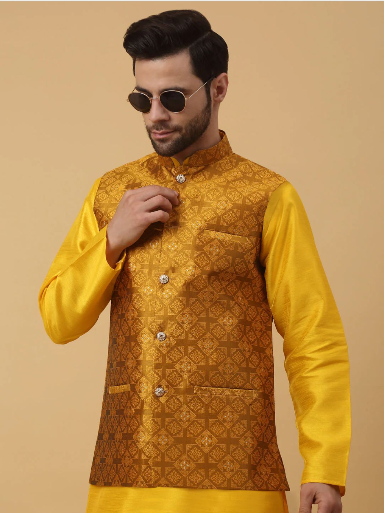 Men's Silk Blend Yellow Kurta, Churidar with Jacquard Silk Blend Floral Nehru Jacket Set in Germany