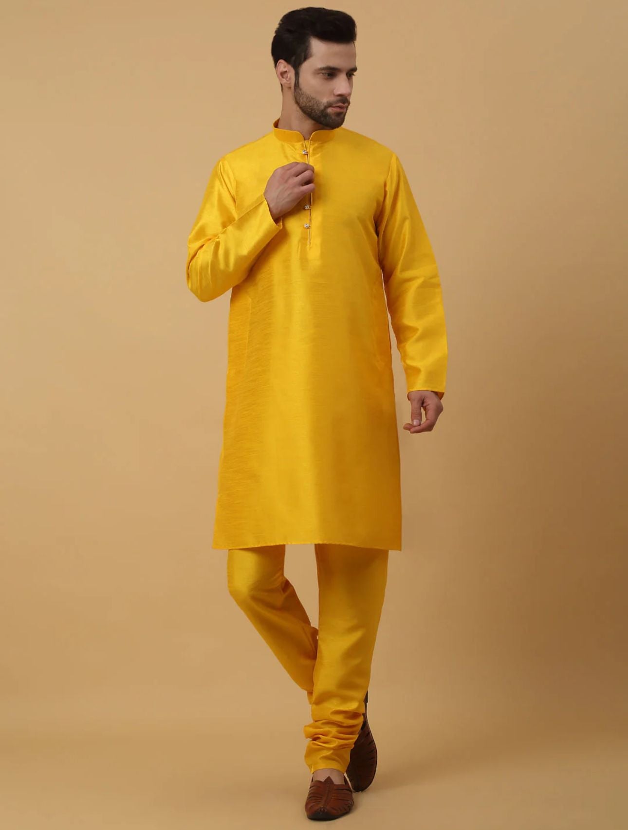 Men's Silk Blend Yellow Kurta, Churidar with Jacquard Silk Blend Floral Nehru Jacket Set in Germany
