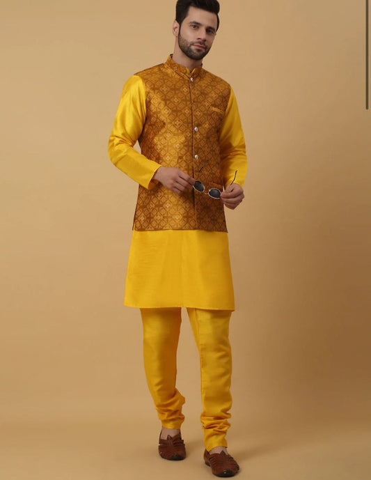 Men's Silk Blend Yellow Kurta, Churidar with Jacquard Silk Blend Floral Nehru Jacket Set in Germany