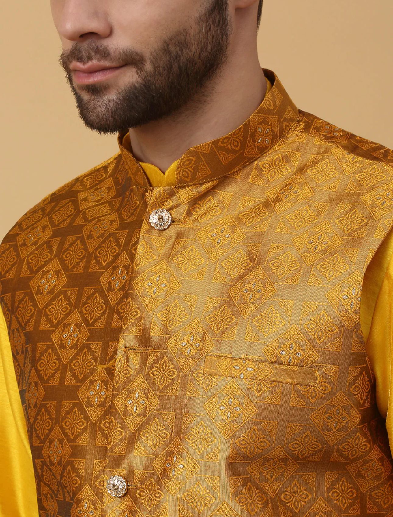 Men's Silk Blend Yellow Kurta, Churidar with Jacquard Silk Blend Floral Nehru Jacket Set in Germany