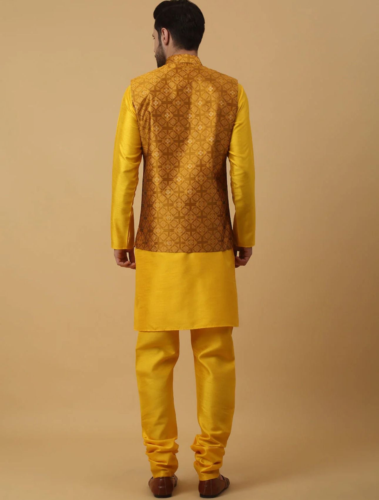 Men's Silk Blend Yellow Kurta, Churidar with Jacquard Silk Blend Floral Nehru Jacket Set in Germany