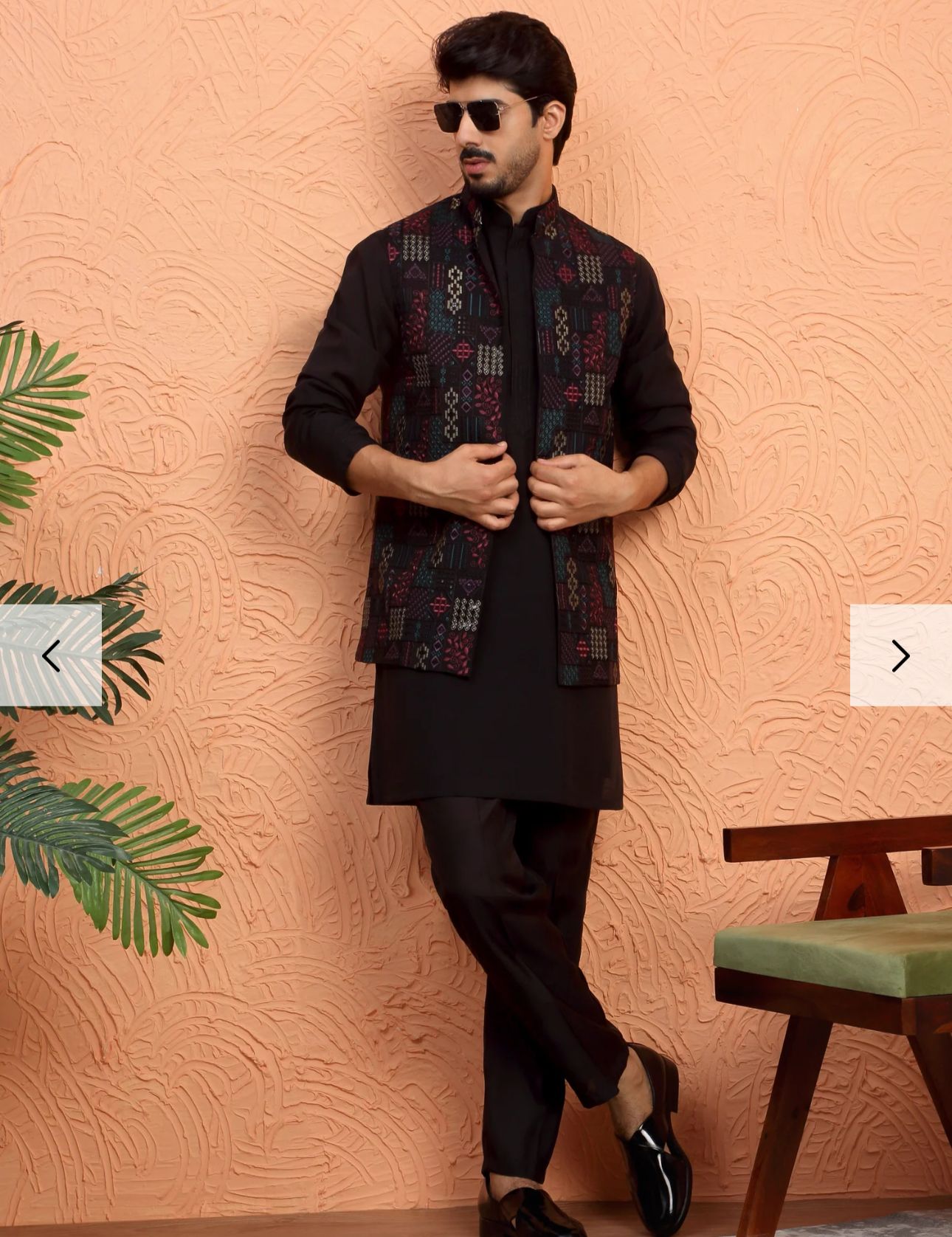 Silk Blend Anchor Work Kurta Trouser Set with Floral Embroidered Nehru Jacket in Berlin