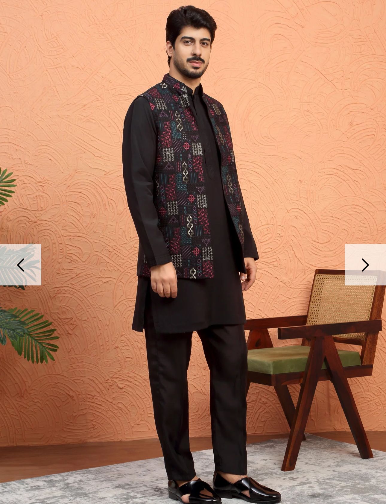 Silk Blend Anchor Work Kurta Trouser Set with Floral Embroidered Nehru Jacket in Berlin
