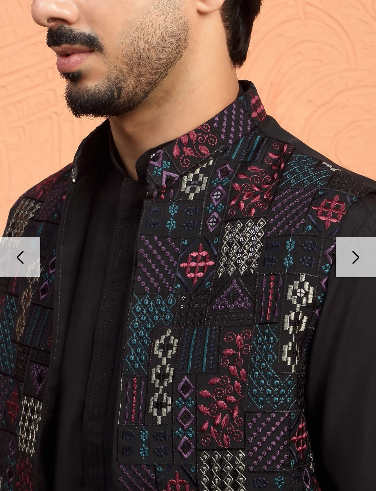 Silk Blend Anchor Work Kurta Trouser Set with Floral Embroidered Nehru Jacket in Berlin