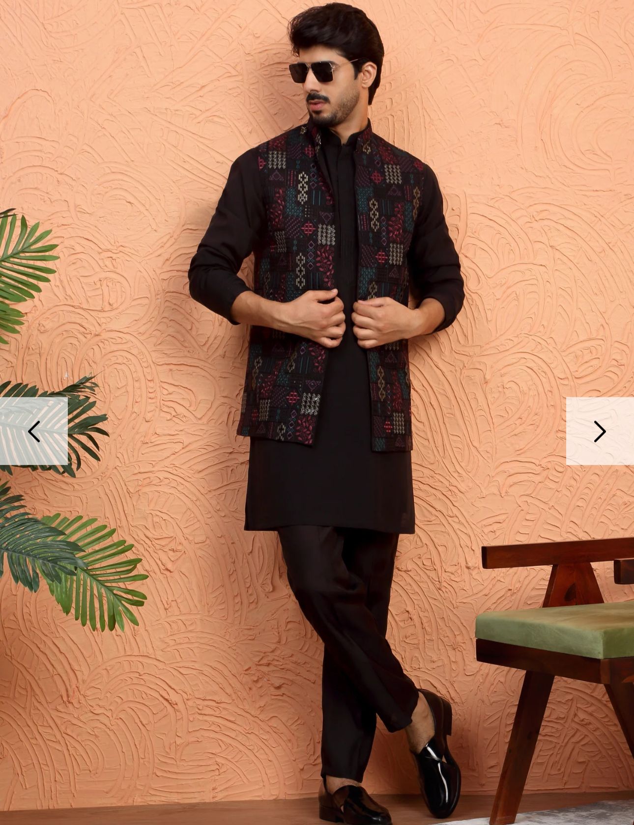 Silk Blend Anchor Work Kurta Trouser Set with Floral Embroidered Nehru Jacket in Berlin