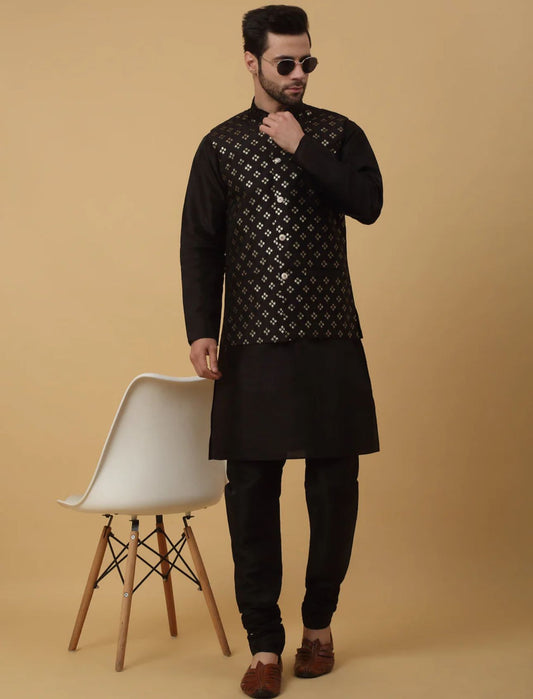 Men's Silk Blend Black Kurta, Churidar with Cotton Silk Sequenced Nehru Jacket Set in Germany