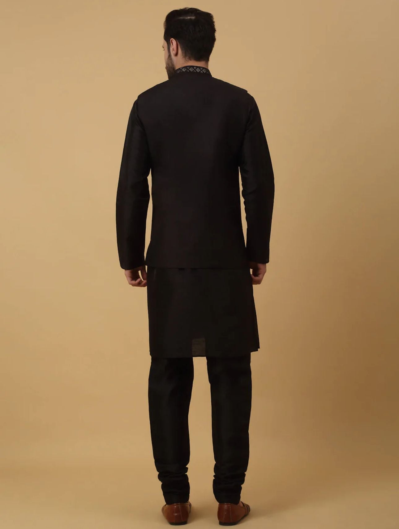 Men's Silk Blend Black Kurta, Churidar with Cotton Silk Sequenced Nehru Jacket Set in Germany