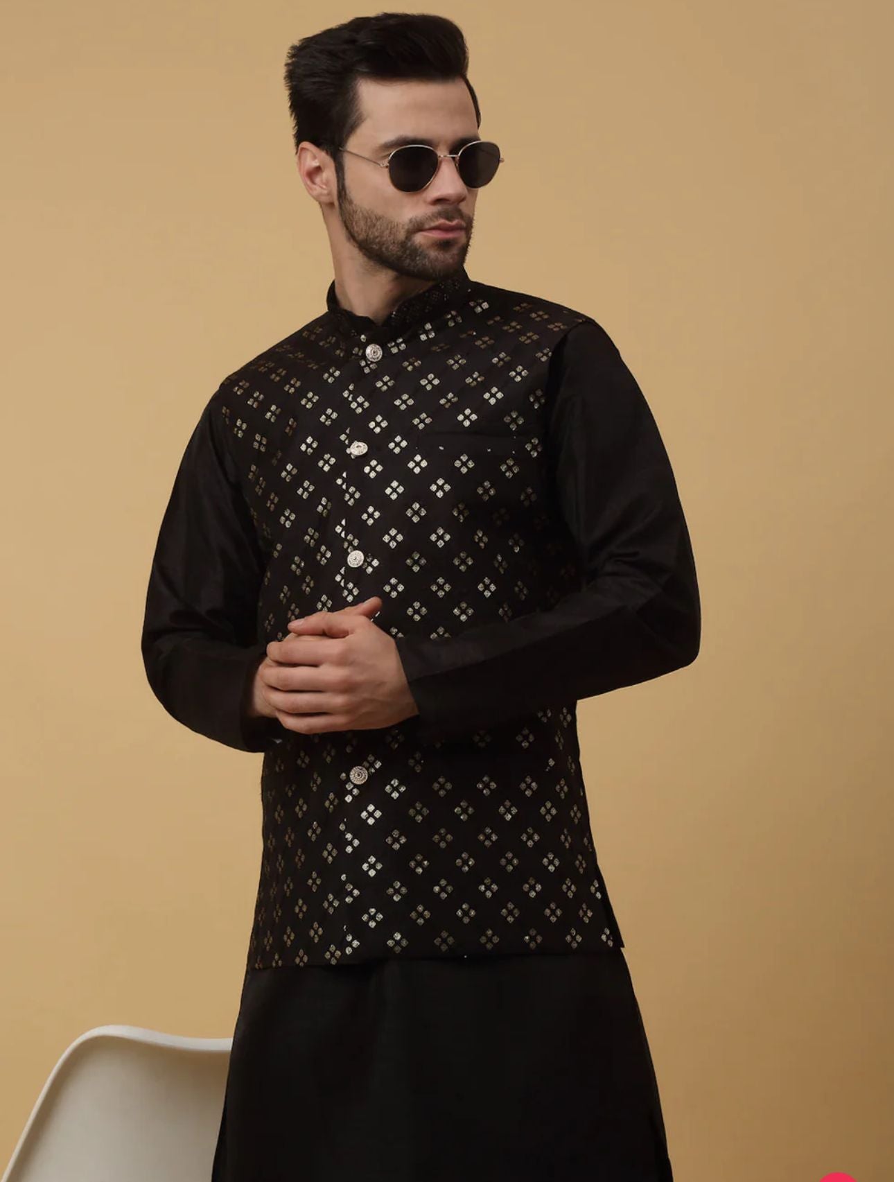 Men's Silk Blend Black Kurta, Churidar with Cotton Silk Sequenced Nehru Jacket Set in Germany