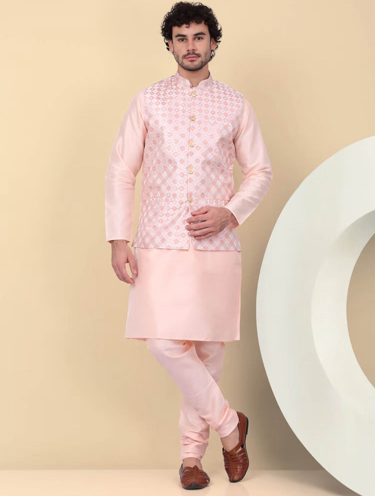 Men's Silk Blend Pink Kurta and Churidar with Embroidered Nehru Jacket in Berlin