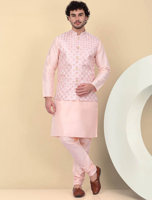 Men's Silk Blend Pink Kurta and Churidar with Embroidered Nehru Jacket in Berlin