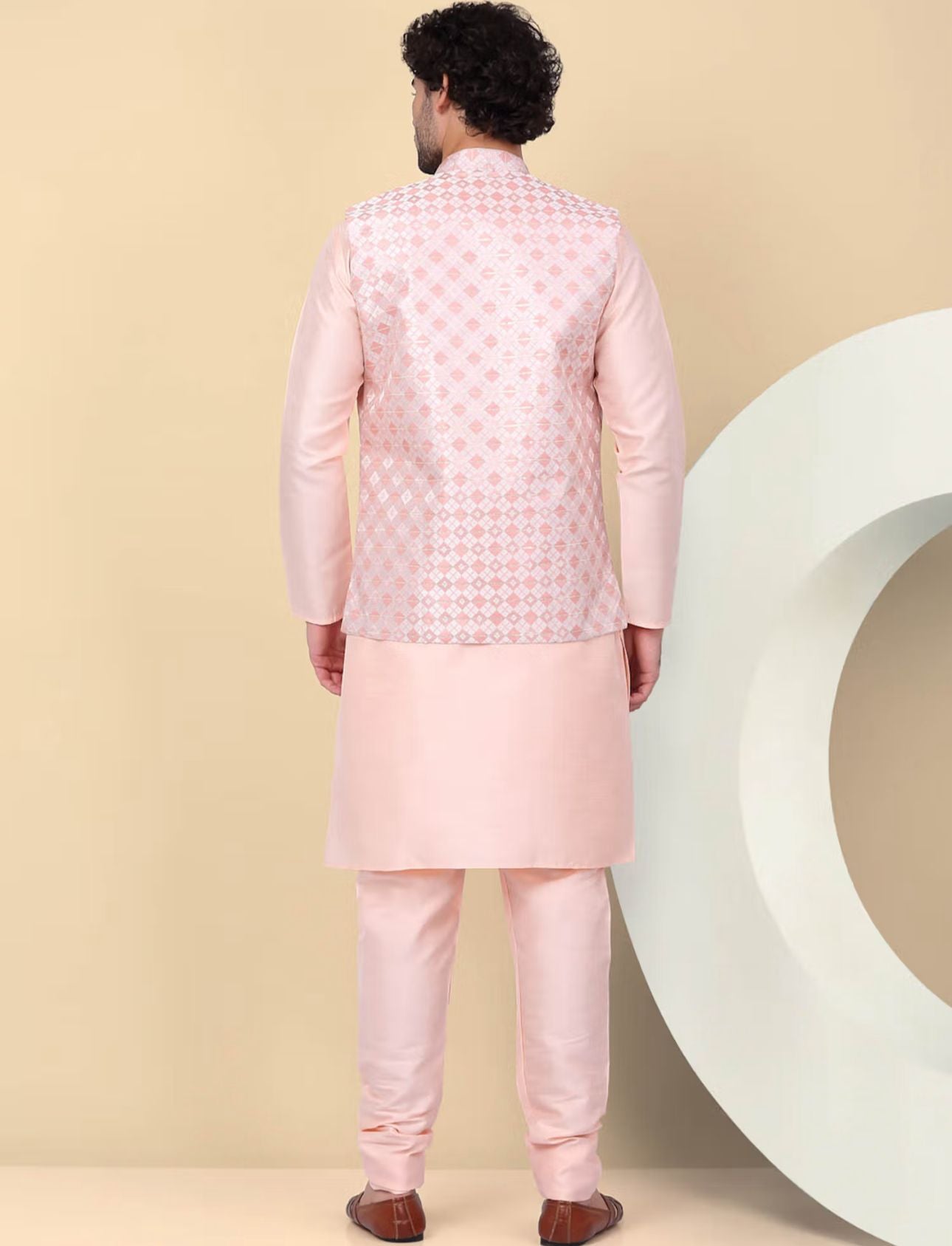 Men's Silk Blend Pink Kurta and Churidar with Embroidered Nehru Jacket in Berlin