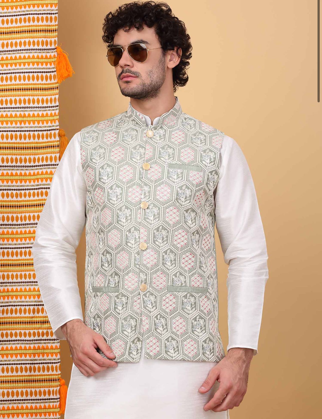 Men White Embroidered Kurta with Churidar and Nehru Jacket Set In Germany